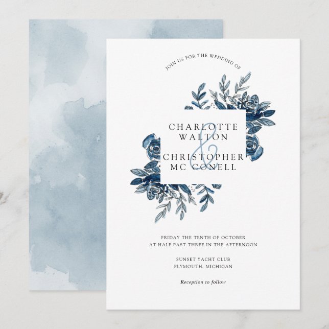 Invitación Boda de lino floral azul indigo acuático (Anverso / Reverso)