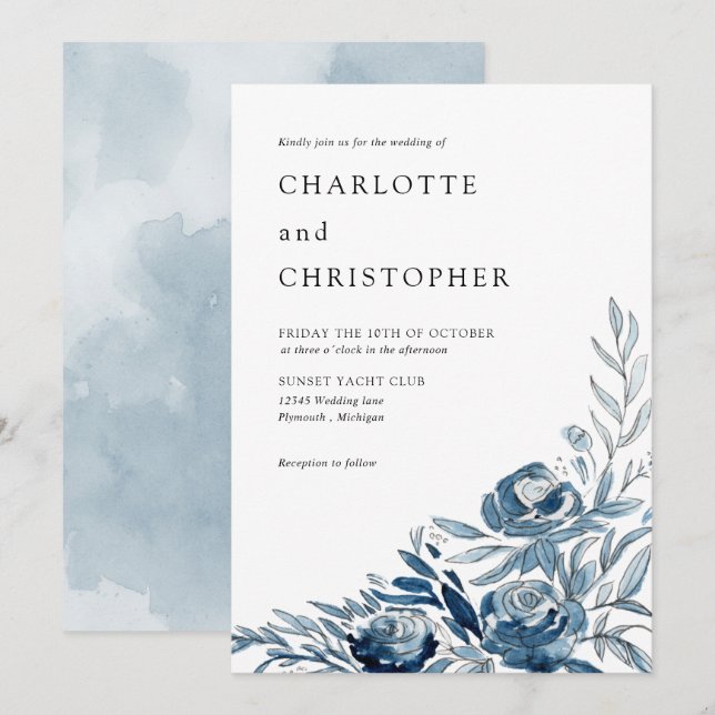 Invitación Boda de lino floral azul indigo acuático (Anverso / Reverso)