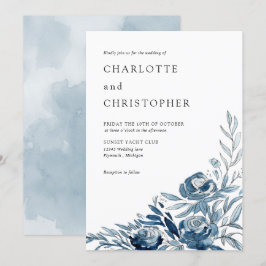 Invitación Boda de lino floral azul indigo acuático