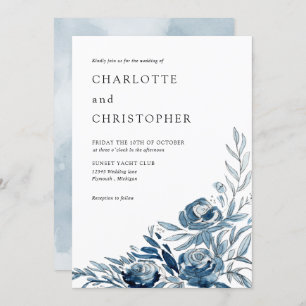 Invitación Boda de lino floral azul indigo acuático