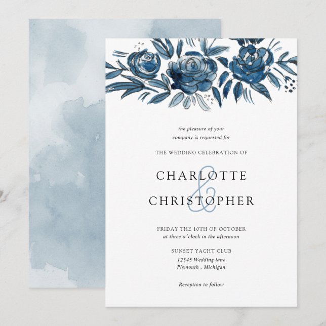 Invitación Boda de lino floral azul indigo acuático (Anverso / Reverso)