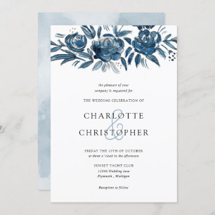 Invitación Boda de lino floral azul indigo acuático