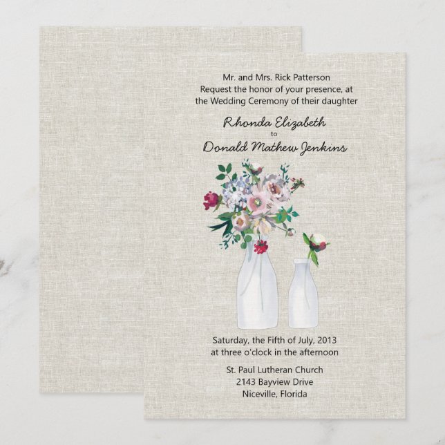 Invitación Boda de lino y botellas lácteas de inspiración vin (Anverso / Reverso)