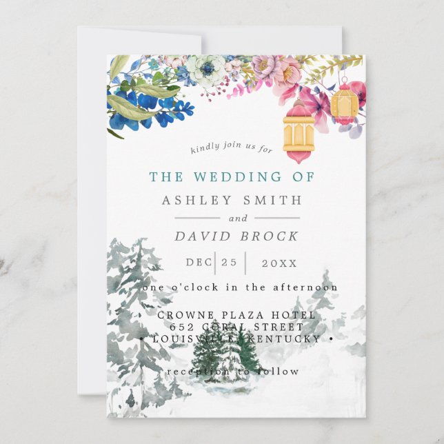 Invitación Boda de linterna botánica de árboles de pino rústi (Anverso)