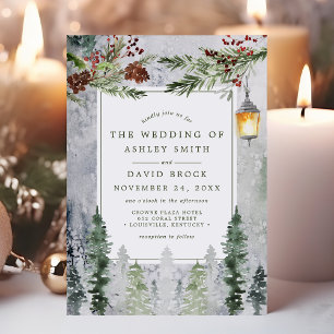 Invitación Boda de linterna botánica de pinos de invierno rús