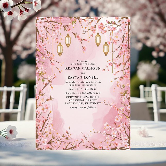 Invitación Boda de linterna de flor de cerezo rosa elegante (Subido por el creador)