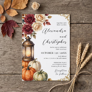 Invitación Boda de linterna de rosa de calabaza de otoño en a