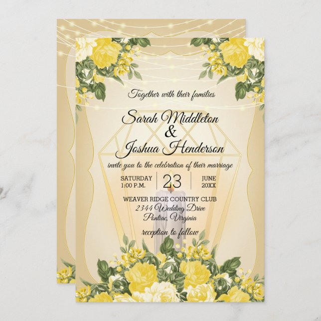 Invitación Boda de Linterna Dorada y Flor Amarilla (Anverso / Reverso)