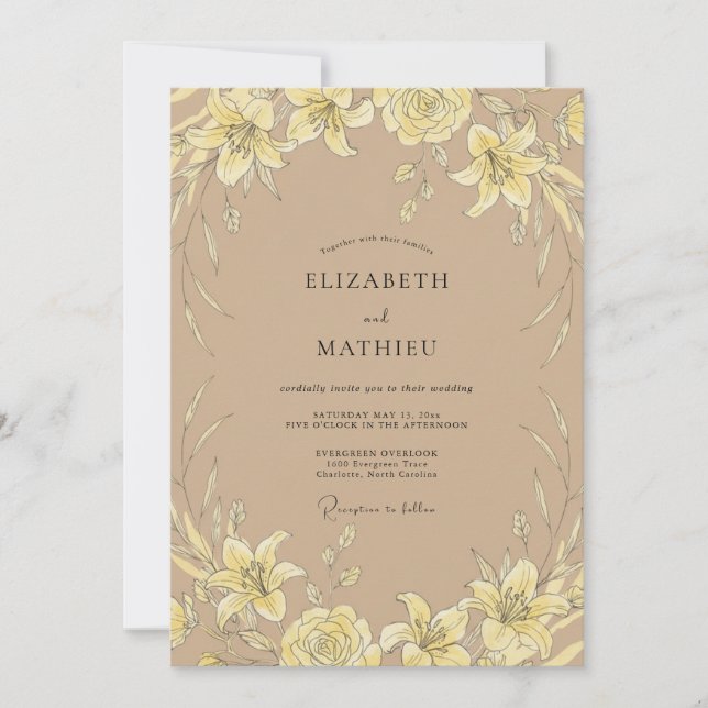 Invitación Boda de Lirio Amarillo Beige (Anverso)