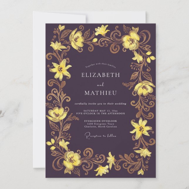 Invitación Boda de Lirio Amarillo Ciruela (Anverso)