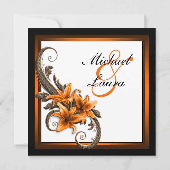 Invitación Boda de lirio asiático negro y naranja elegante (Anverso)