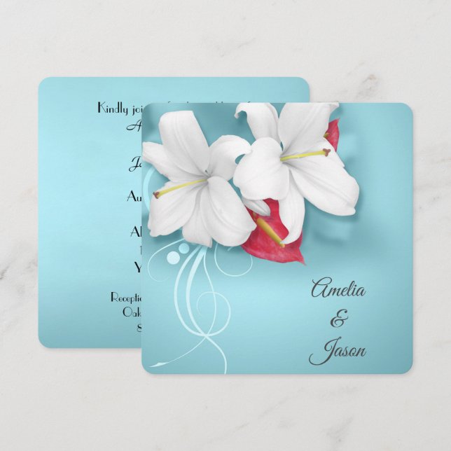 Invitación Boda de Lirio Blanco y Rojo (Anverso / Reverso)