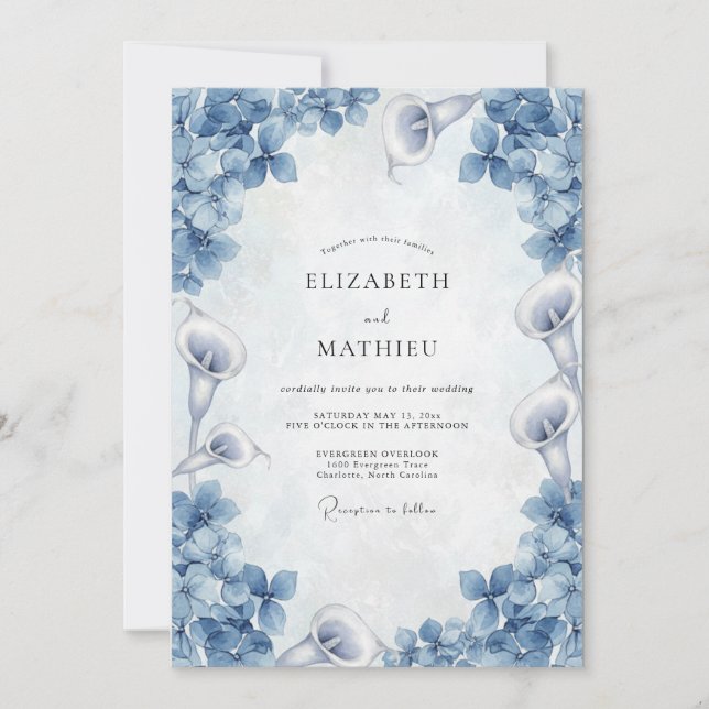 Invitación Boda de Lirio de Calla Azul Polvoriento (Anverso)