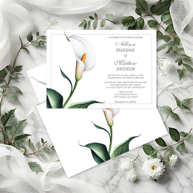 Invitación Boda de Lirio de Calla Blanco Marfil Elegante (Elegant Ivory White Calla Lily wedding invitation front and back view.)