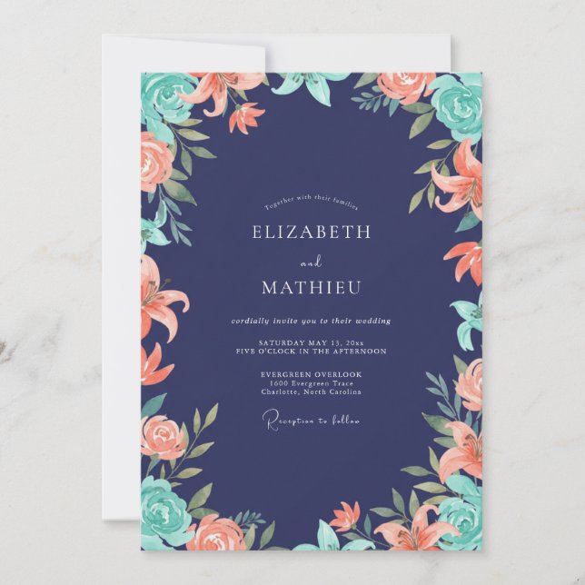 Invitación Boda de lirio de coral índigo (Anverso)