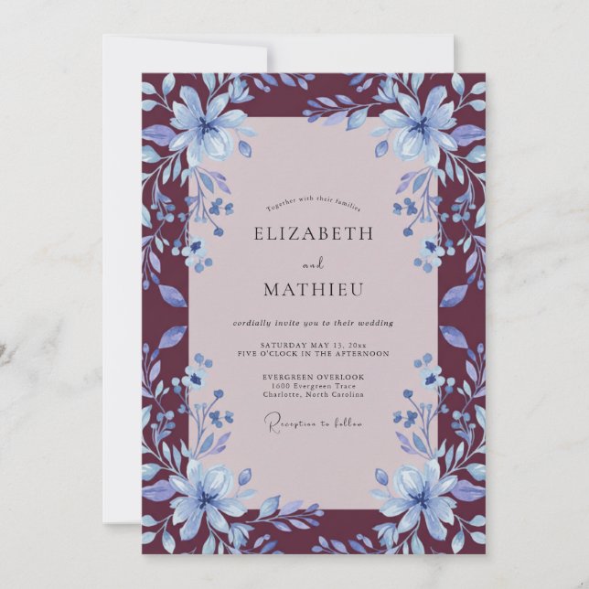 Invitación Boda de Lirio de Periwinkle Borgoña (Anverso)