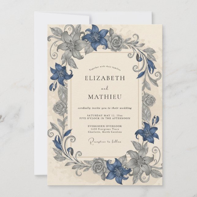 Invitación Boda de lirio índigo acero (Anverso)
