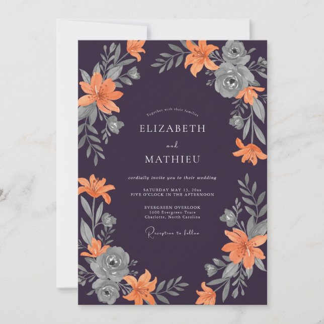 Invitación Boda de Lirio Naranja Ciruela (Anverso)