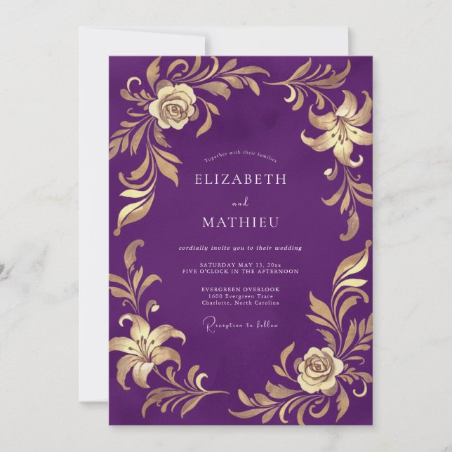 Invitación Boda de Lirio Púrpura Real (Anverso)