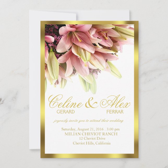 Invitación Boda de Lirios de Calla Rosa con Abrazo Floral (Anverso)