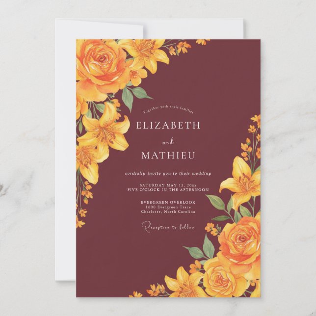 Invitación Boda de lirios dorados granate (Anverso)