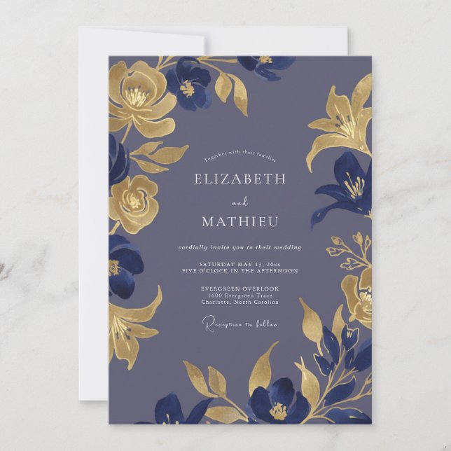 Invitación Boda de lirios dorados índigo (Anverso)