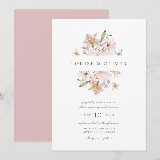 Invitación Boda de Lirios Florales Modernos de Acuarela Rosa  (Anverso / Reverso)