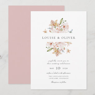 Invitación Boda de Lirios Florales Modernos de Acuarela Rosa