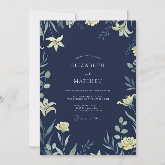 Invitación Boda de lirios índigo de medianoche (Anverso)