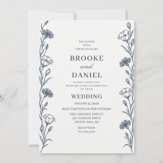 Invitación Boda de Lisianthus Cornflower Slate Arte de Línea