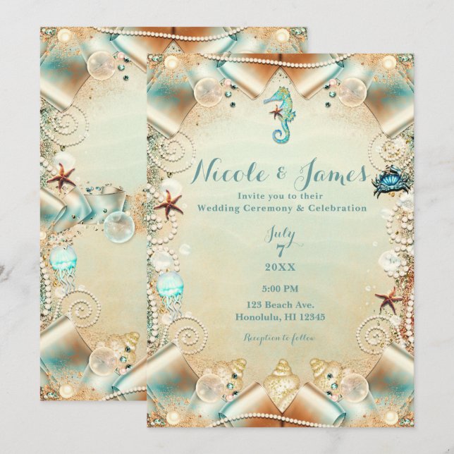 Invitación Boda de Listón de Perlas bajo Crema Encantada (Anverso / Reverso)