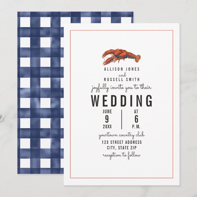 Invitación Boda de Lobster Weathered Blue Gingham (Anverso / Reverso)
