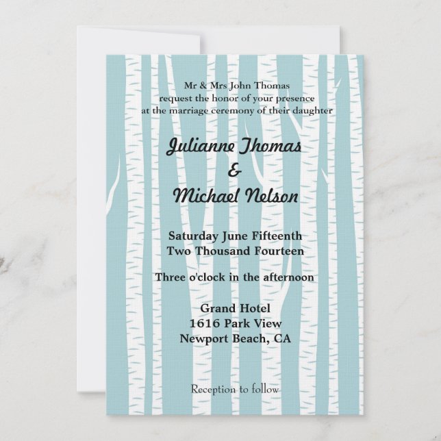 Invitación Boda de los Árboles de Birch Blanco Azul (Anverso)