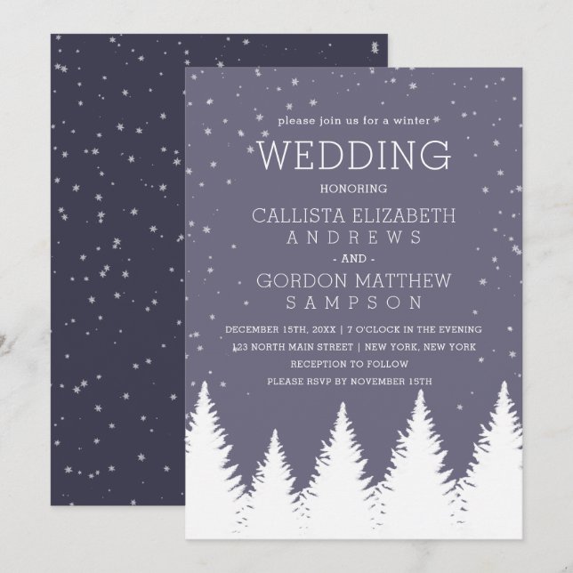 Invitación Boda de los árboles de invierno de la nieve azul q (Anverso / Reverso)