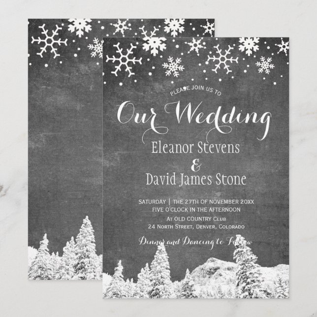 Invitación Boda de los bosques de invierno con patineta de ni (Anverso / Reverso)