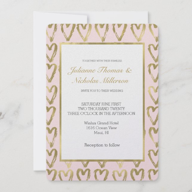 Invitación Boda de los corazones rosados y dorados (Anverso)