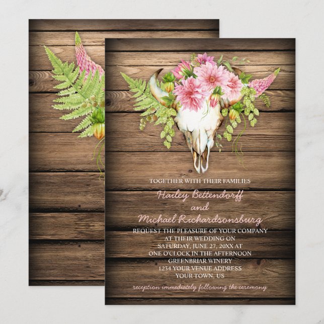 Invitación Boda de los Cuernos de Cráneo de Vacas Rosadas de  (Anverso / Reverso)