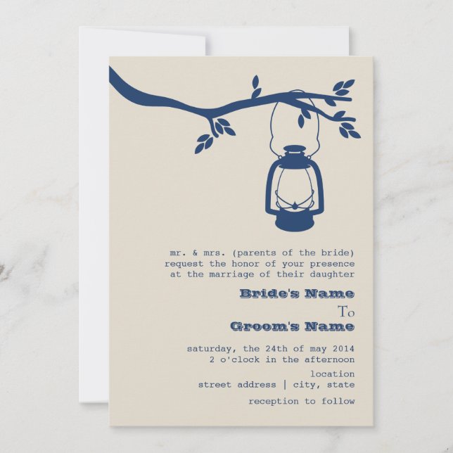 Invitación Boda de los farolillos azules/camping (Anverso)