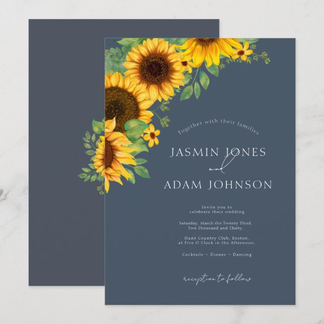 Invitación Boda de los girasoles Boho Royal Blue Opulence (Anverso / Reverso)