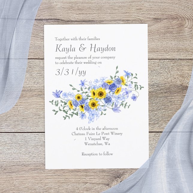 Invitación Boda de los girasoles y del rosa azul claro (yellow sunflowers and dusty blue roses wedding invitations, sunflower bouquet)