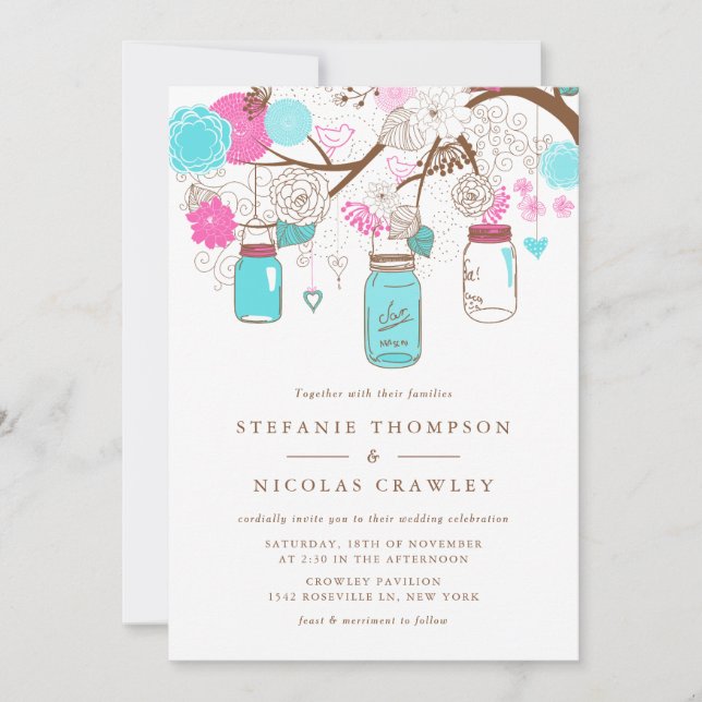 Invitación Boda de los Jars de Aqua y Pink Hanging Mason (Anverso)