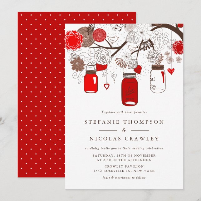 Invitación Boda de los Jars de Mason colgando rojo (Anverso / Reverso)