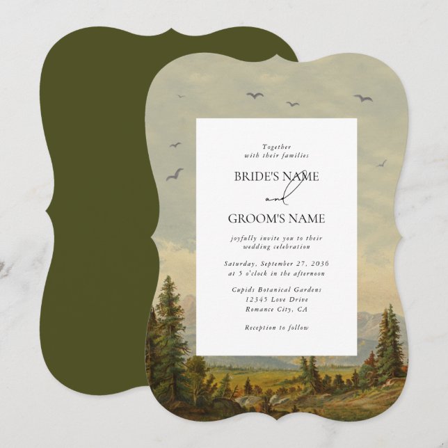 Invitación Boda de los montes de los bosques de pino acuarela (Anverso / Reverso)