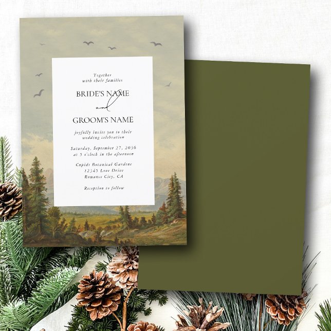 Invitación Boda de los montes de los bosques de pino acuarela (Watercolor Pine Tree Forest Mountains Wedding Invitation)