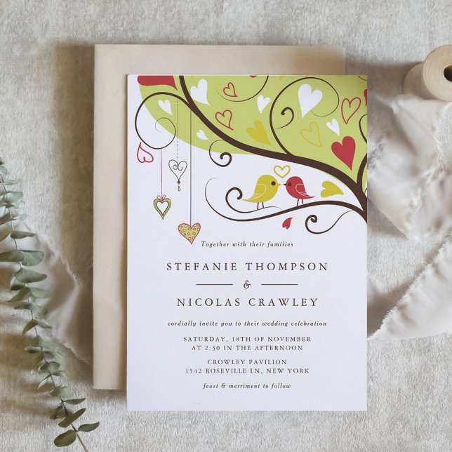 Invitación Boda de los pájaros amorosos amarillos y rojos (Yellow and Red Lovebirds Wedding Invitation)