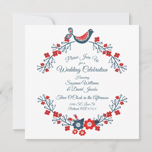 Invitación Boda de los pájaros rojos blancos y azul paisley d (Anverso)