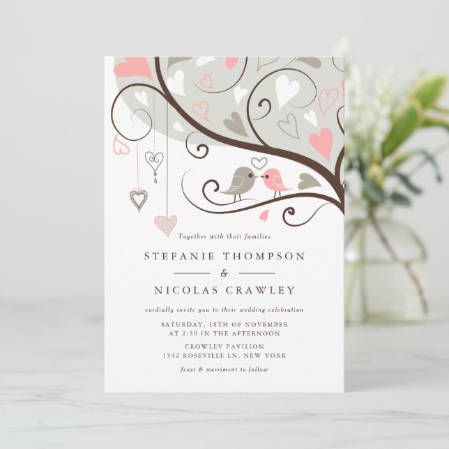 Invitación Boda de los pájaros románticos rosados y grises (Anverso de pie)