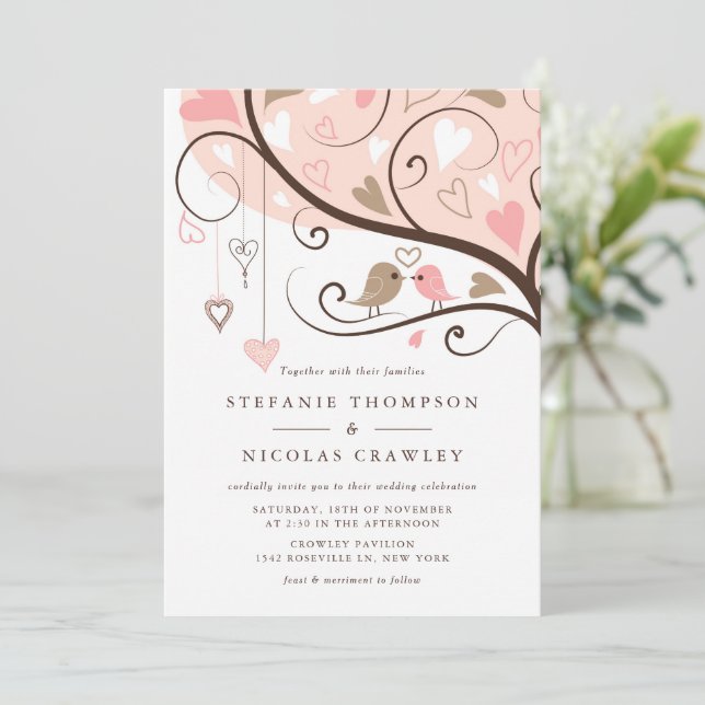 Invitación Boda de los pájaros románticos rosados y marrones (Anverso de pie)