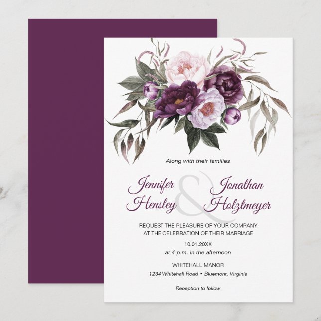 Invitación Boda de los peoneses rosados de ciruela morada (Anverso / Reverso)