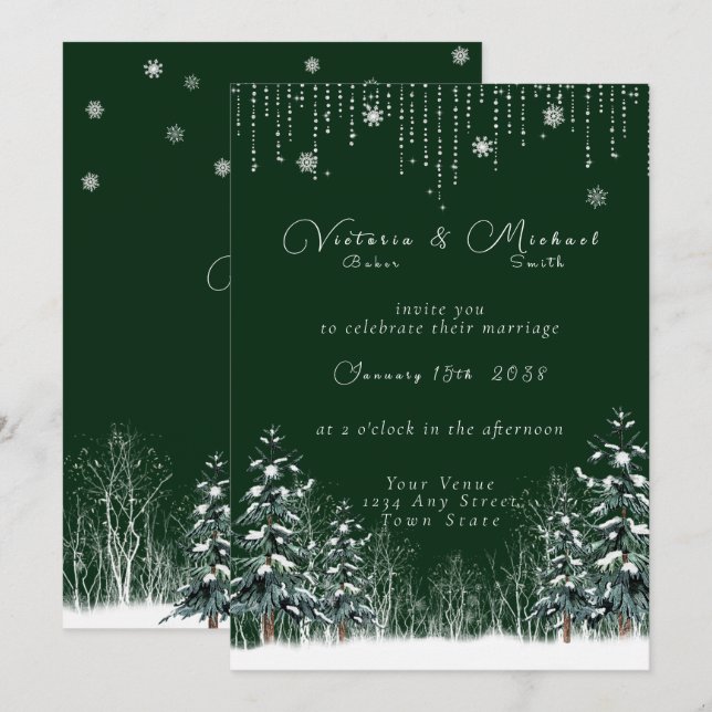 Invitación Boda de los Pinos de Nieve en los bosques de invie (Anverso / Reverso)